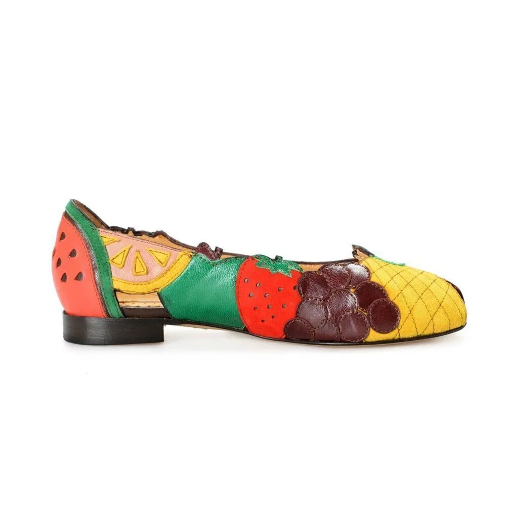 Charlotte Olympia Incy Tutti Frutti Peep Toe Leather Ballet Flats Shoes Girls 29